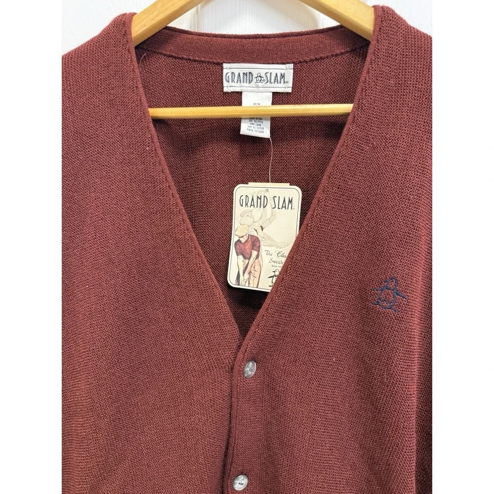 NWT VTG Penguin Grand Slam Golf Cardigan Men's Medium Burgundy Grandpa Deadstock
